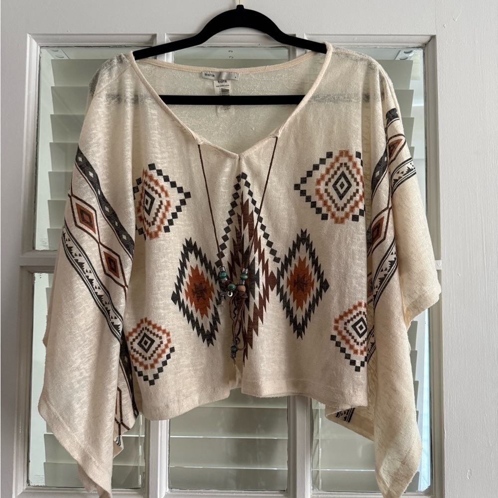 Roxy Cream and Brown Poncho Sweater with Geometric Design